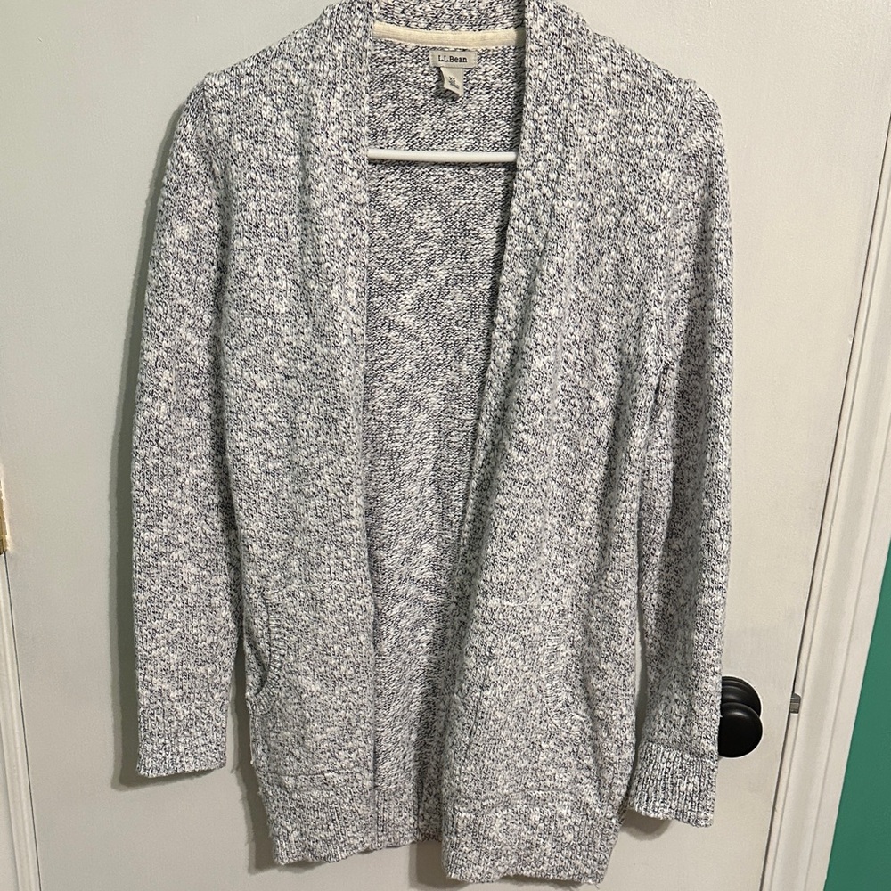 L.L.Bean Marled Knit Open Front Cardigan Sweater XS Gray White Cozy